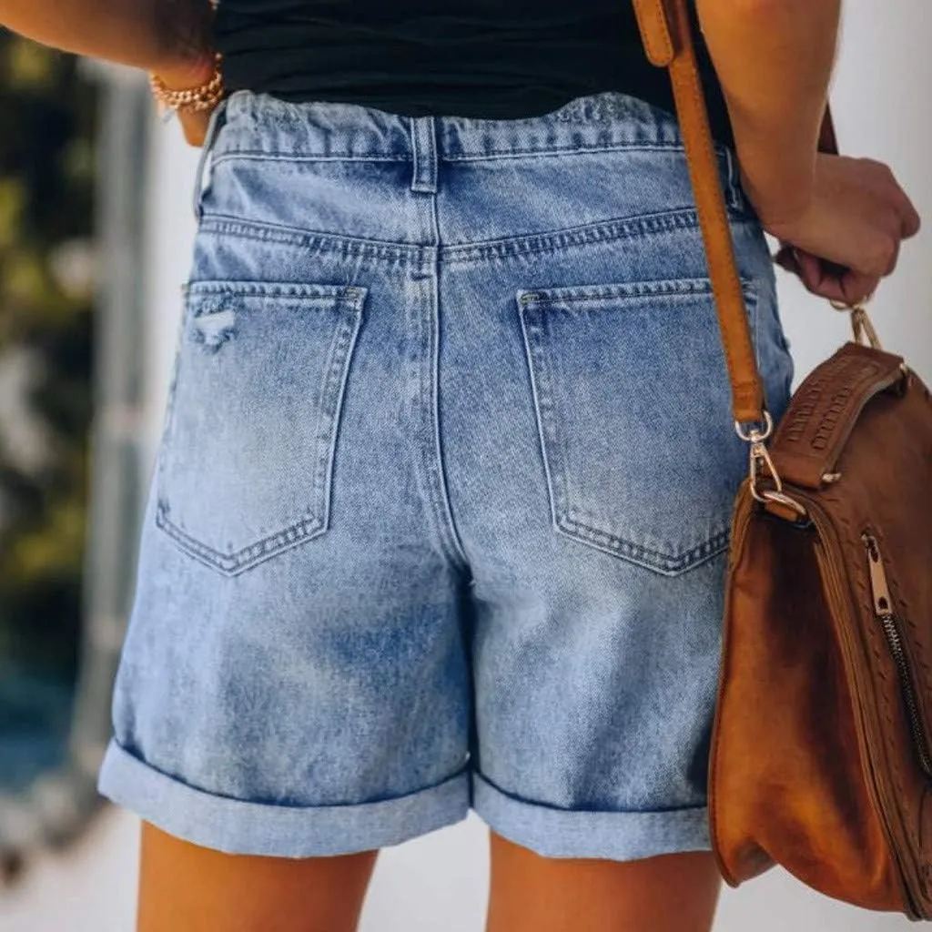 Fashion Denim Shorts for Women High Waisted Folded Hem Ripped Short Jean Button Front Relaxed Fit Bottoms with Pocket