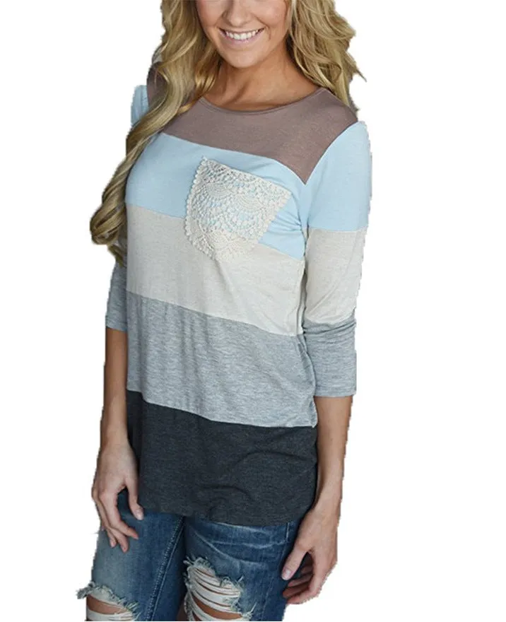 Fashion Scoop Pocket Hit color Long Sleeves Blouse