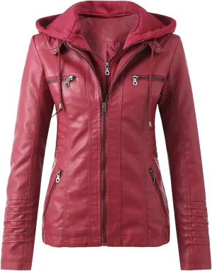 Faux Leather Jacket for Women Drawstring Zipper Pocket Long Sleeve Detachable Hood Slim Fit Motorcycle Biker Coat Top