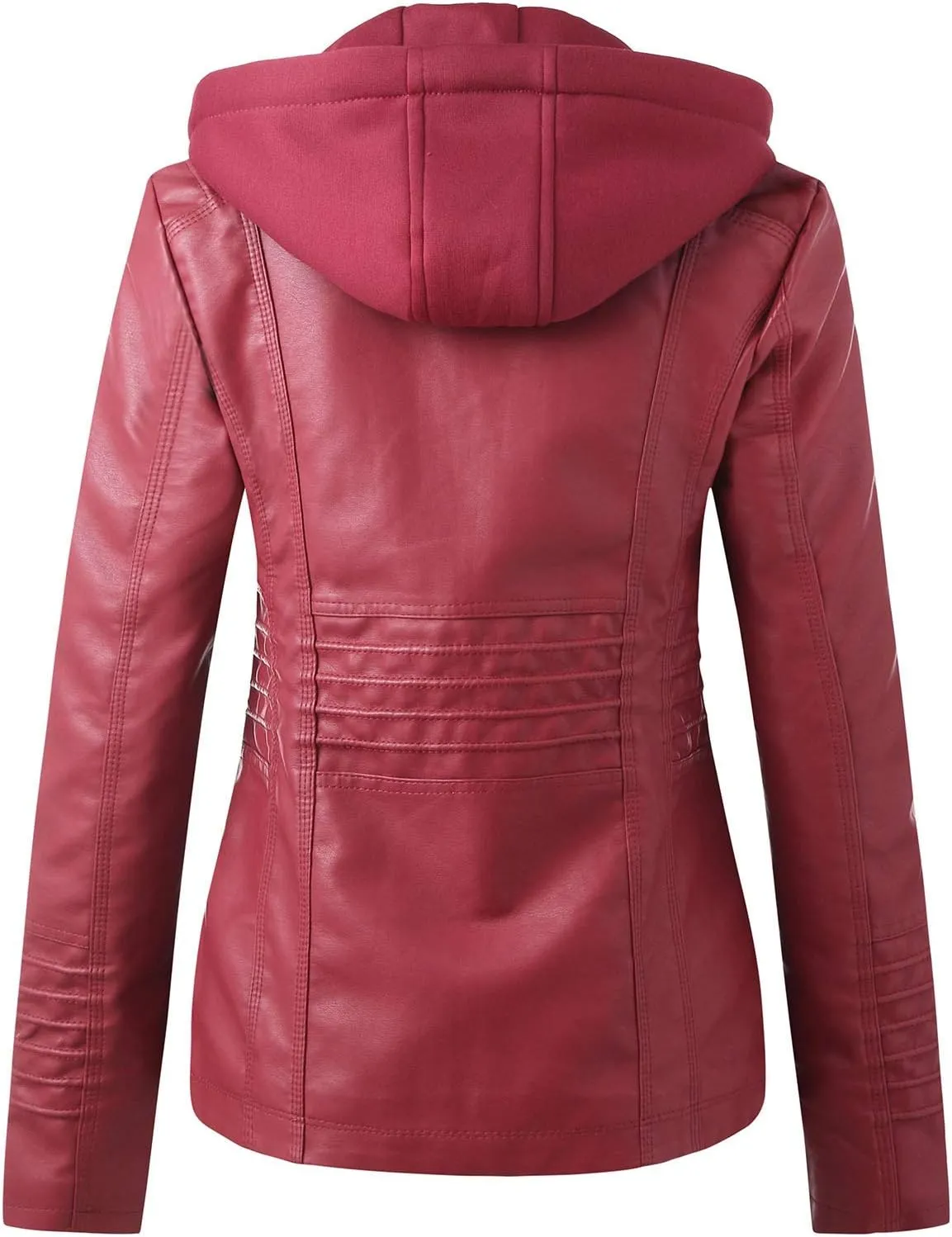 Faux Leather Jacket for Women Drawstring Zipper Pocket Long Sleeve Detachable Hood Slim Fit Motorcycle Biker Coat Top