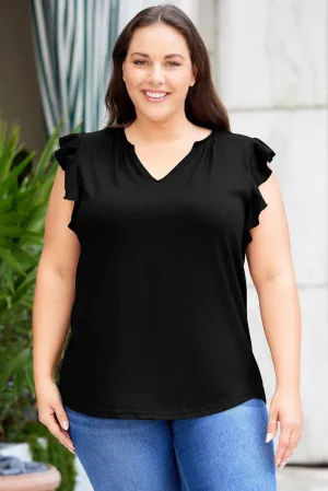 Flattering Notched Flutter Sleeve Plus Size Black Blouse