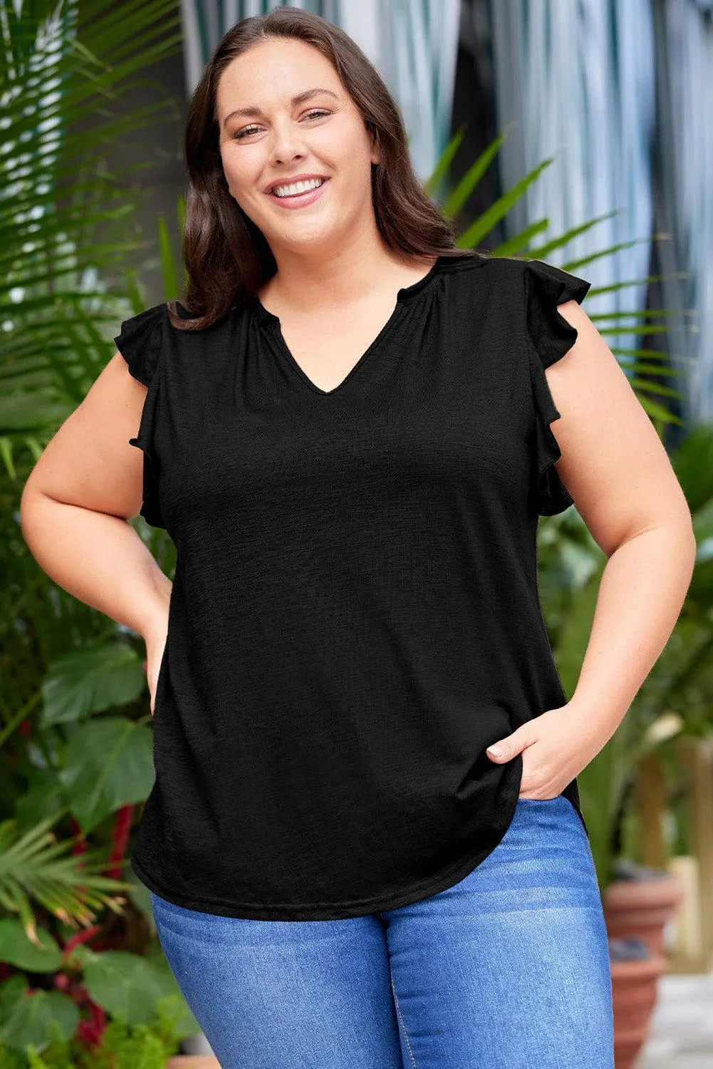 Flattering Notched Flutter Sleeve Plus Size Black Blouse