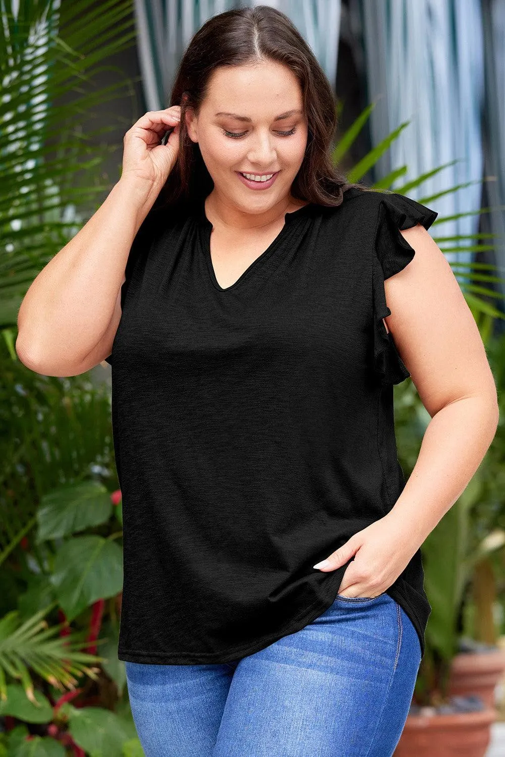 Flattering Notched Flutter Sleeve Plus Size Black Blouse