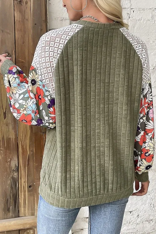 Floral Laceability Plus Green Floral Patchwork Blouse