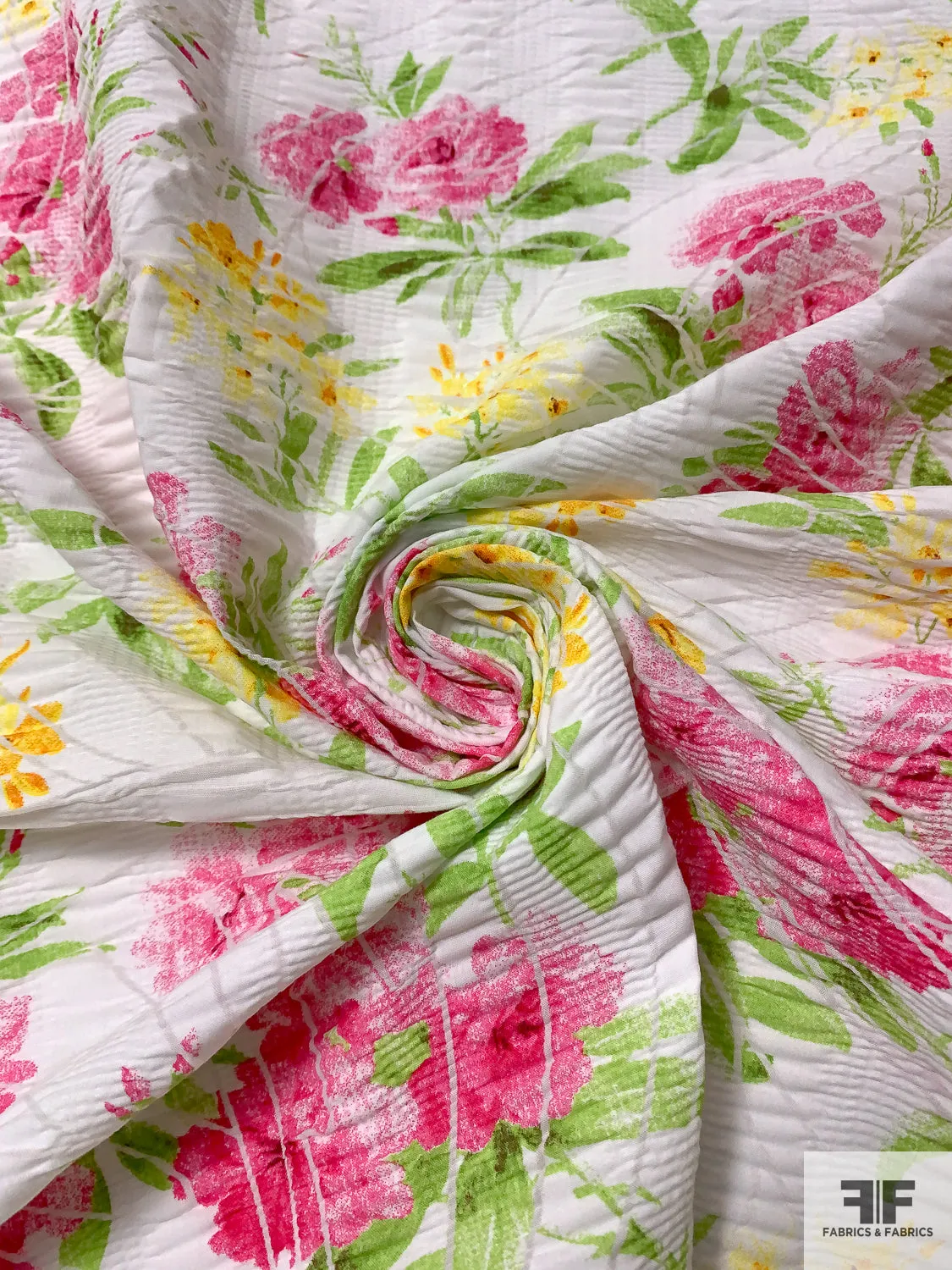 Floral Printed Plissé Cotton Lawn - Hot Pink / Lime / Yellow / White