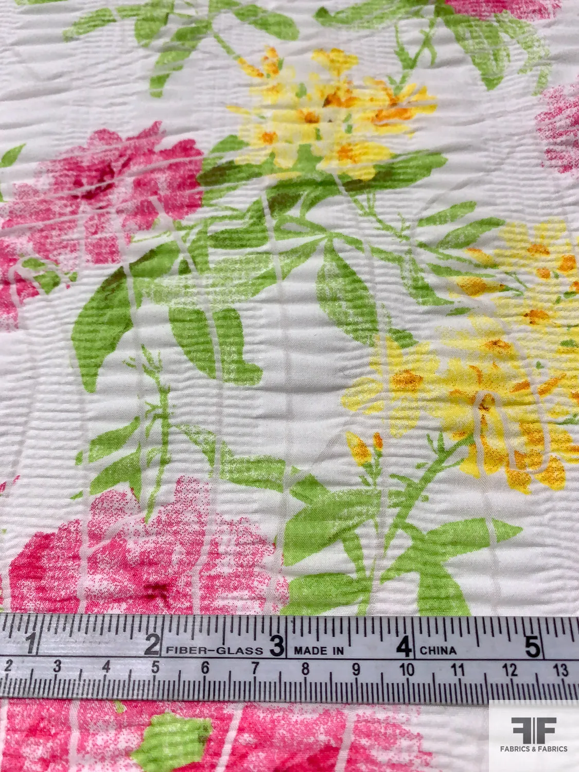 Floral Printed Plissé Cotton Lawn - Hot Pink / Lime / Yellow / White