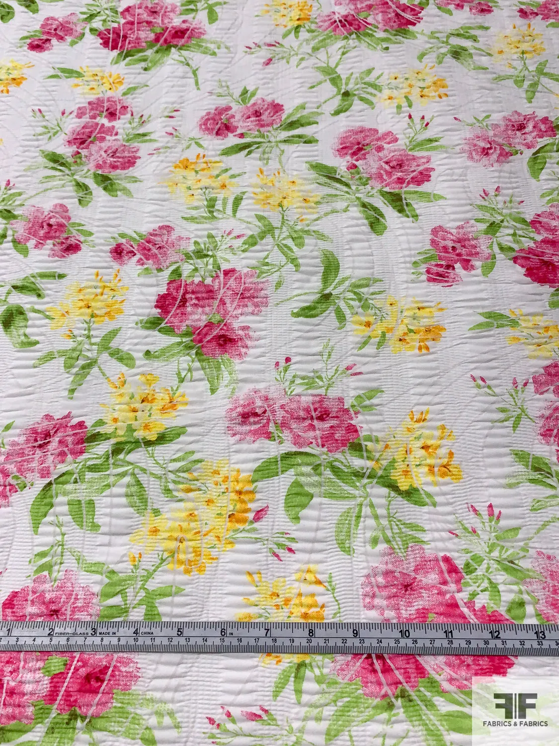 Floral Printed Plissé Cotton Lawn - Hot Pink / Lime / Yellow / White