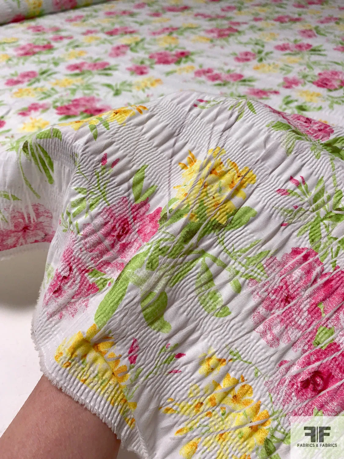 Floral Printed Plissé Cotton Lawn - Hot Pink / Lime / Yellow / White