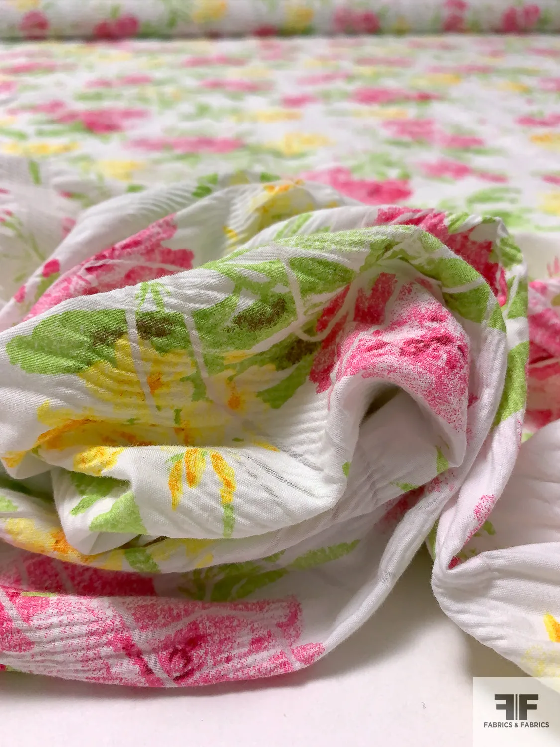 Floral Printed Plissé Cotton Lawn - Hot Pink / Lime / Yellow / White