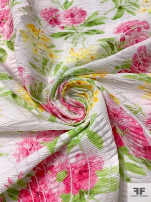 Floral Printed Plissé Cotton Lawn - Hot Pink / Lime / Yellow / White
