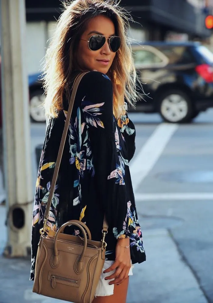 Flower Print Irregular Chiffon Long Sleeves Plus Size Blouse