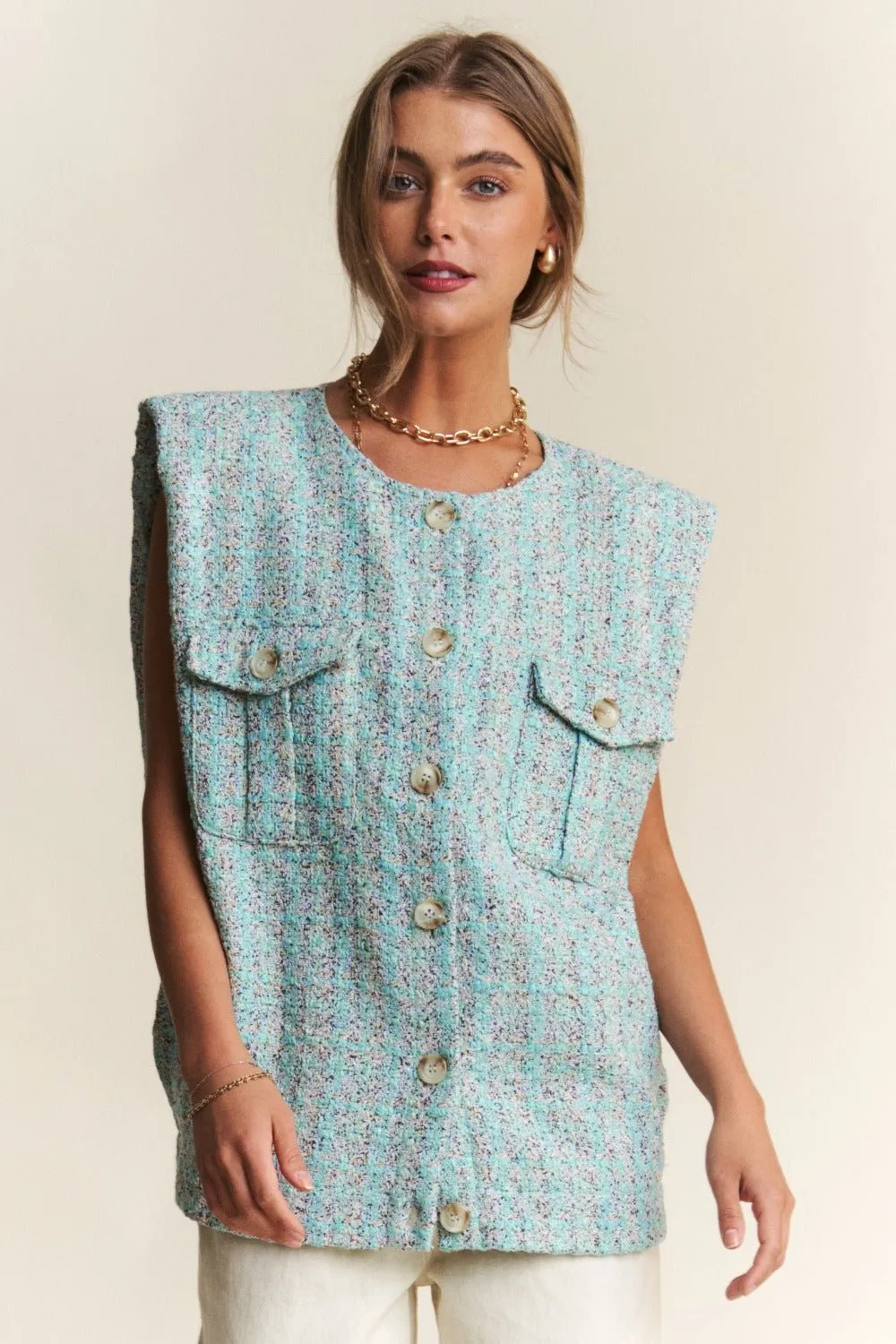 Frayed Tweed Padded Shoulder Vest in Celeste Blue