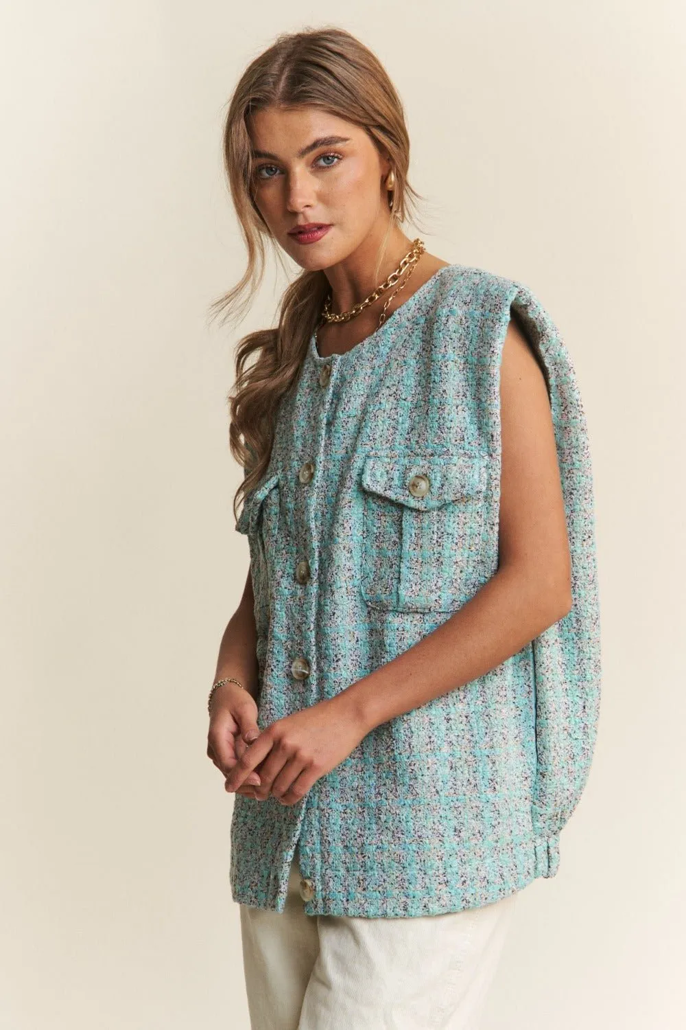 Frayed Tweed Padded Shoulder Vest in Celeste Blue