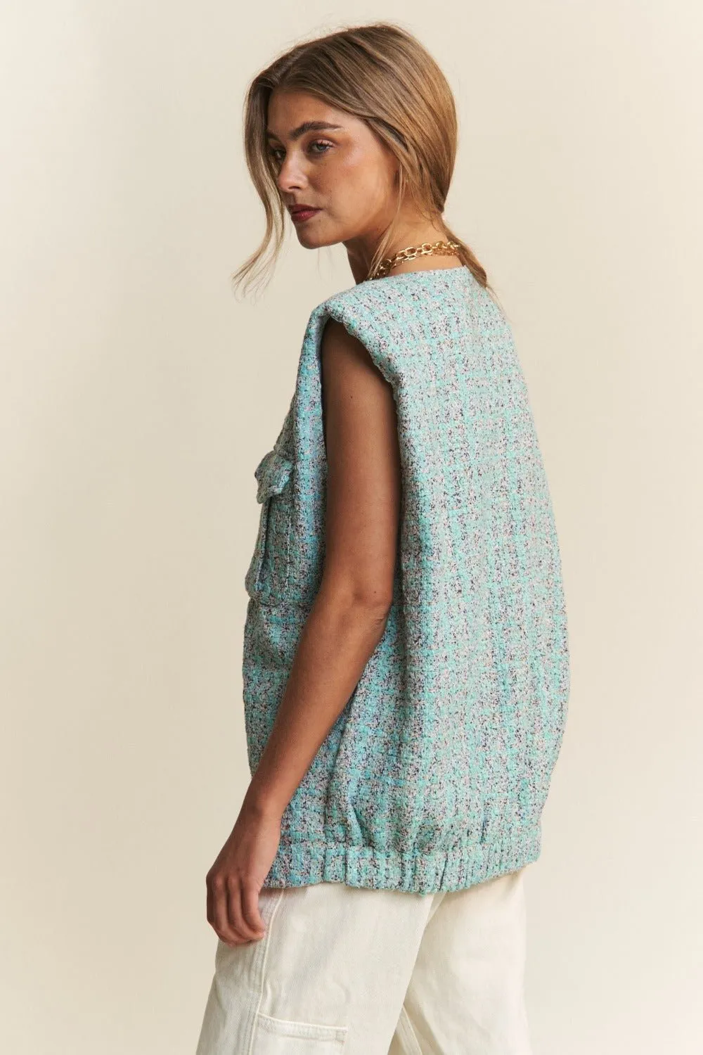 Frayed Tweed Padded Shoulder Vest in Celeste Blue