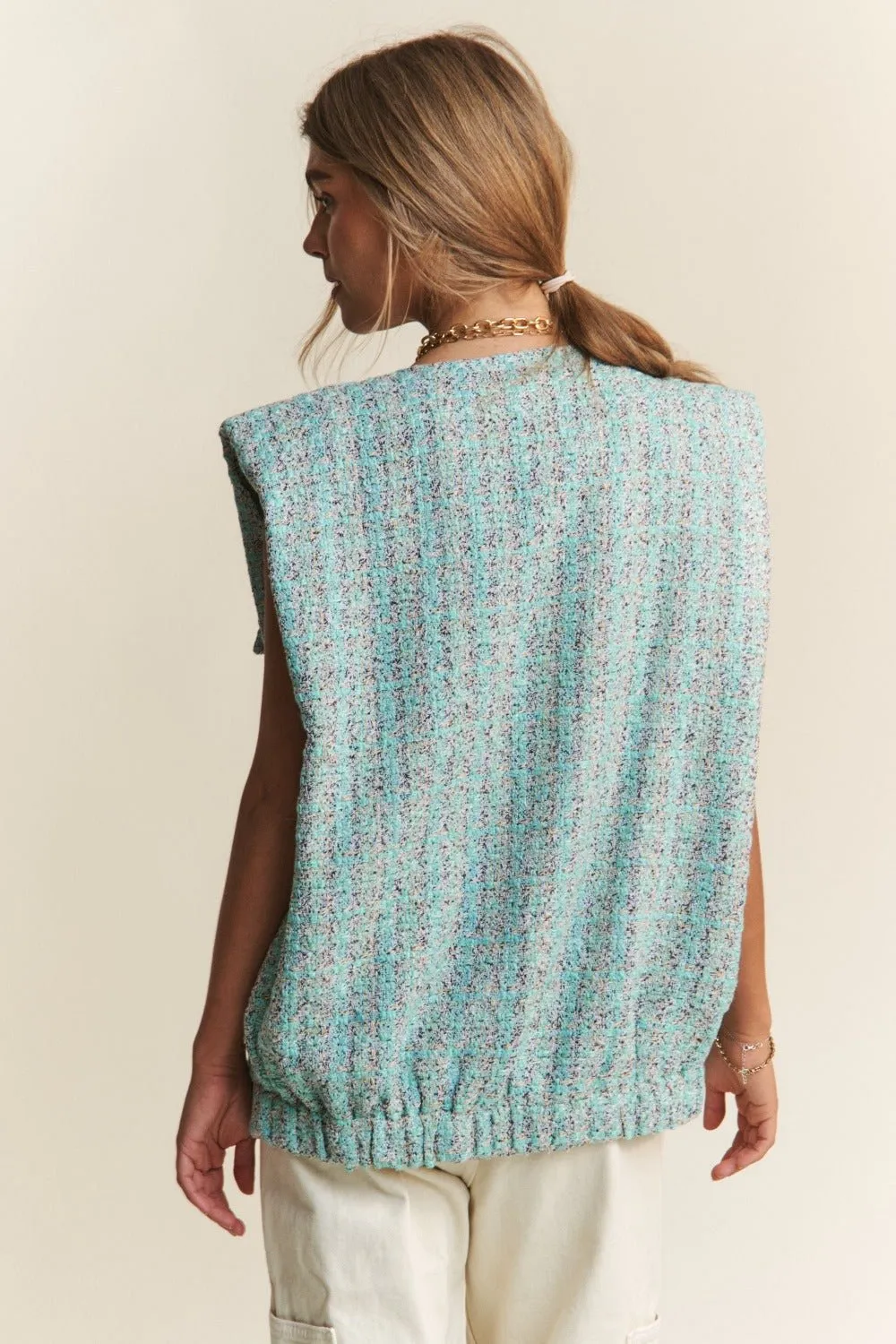 Frayed Tweed Padded Shoulder Vest in Celeste Blue