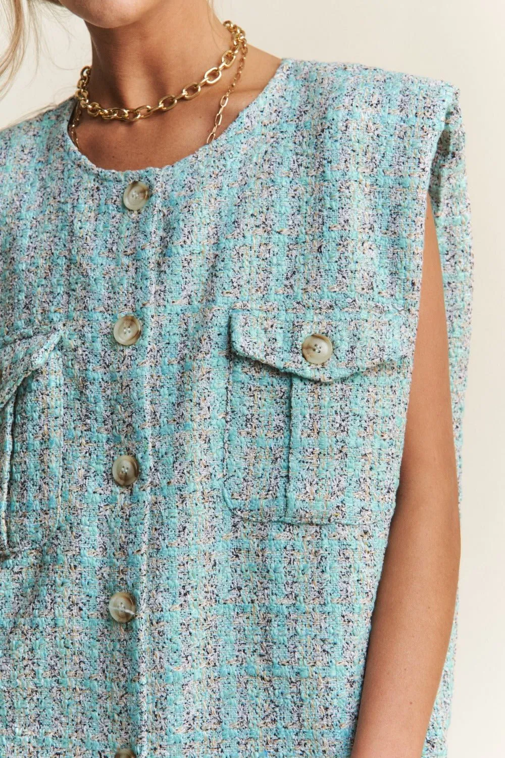 Frayed Tweed Padded Shoulder Vest in Celeste Blue