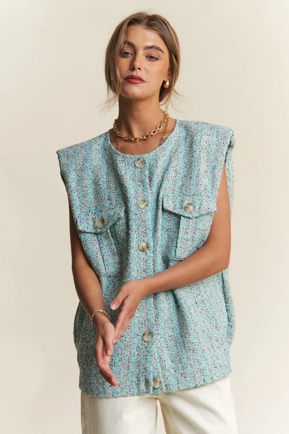 Frayed Tweed Padded Shoulder Vest in Celeste Blue