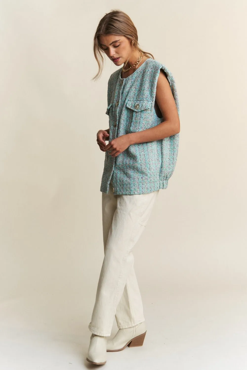 Frayed Tweed Padded Shoulder Vest in Celeste Blue