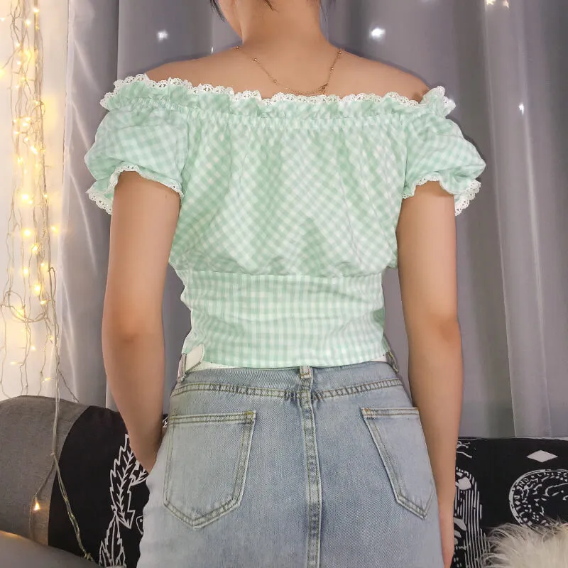 Fresh Green lattice Off Shoulder Short Sleeve Lace Flower Blouse