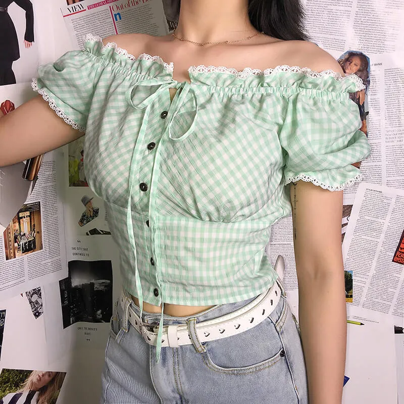 Fresh Green lattice Off Shoulder Short Sleeve Lace Flower Blouse