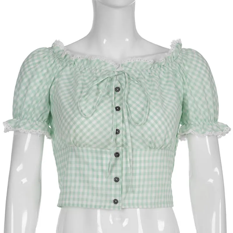 Fresh Green lattice Off Shoulder Short Sleeve Lace Flower Blouse