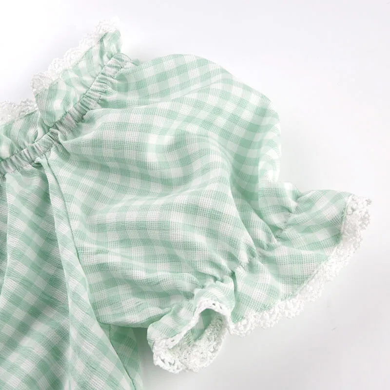 Fresh Green lattice Off Shoulder Short Sleeve Lace Flower Blouse