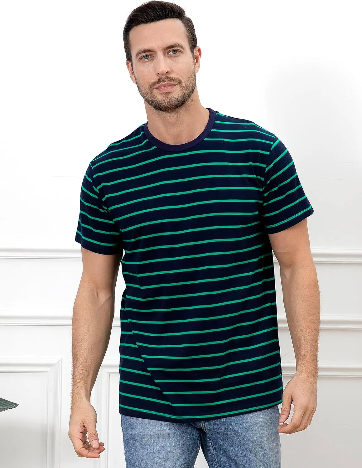 Funny World Men's Casual Cotton Striped T-Shirts Short Sleeve Crewneck Basic Tee