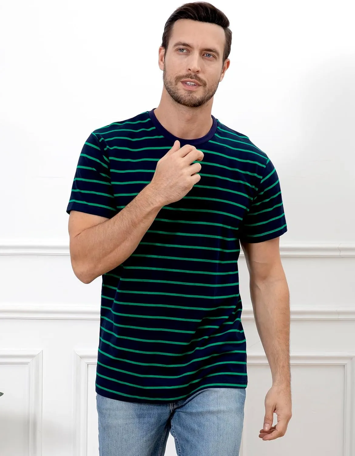 Funny World Men's Casual Cotton Striped T-Shirts Short Sleeve Crewneck Basic Tee