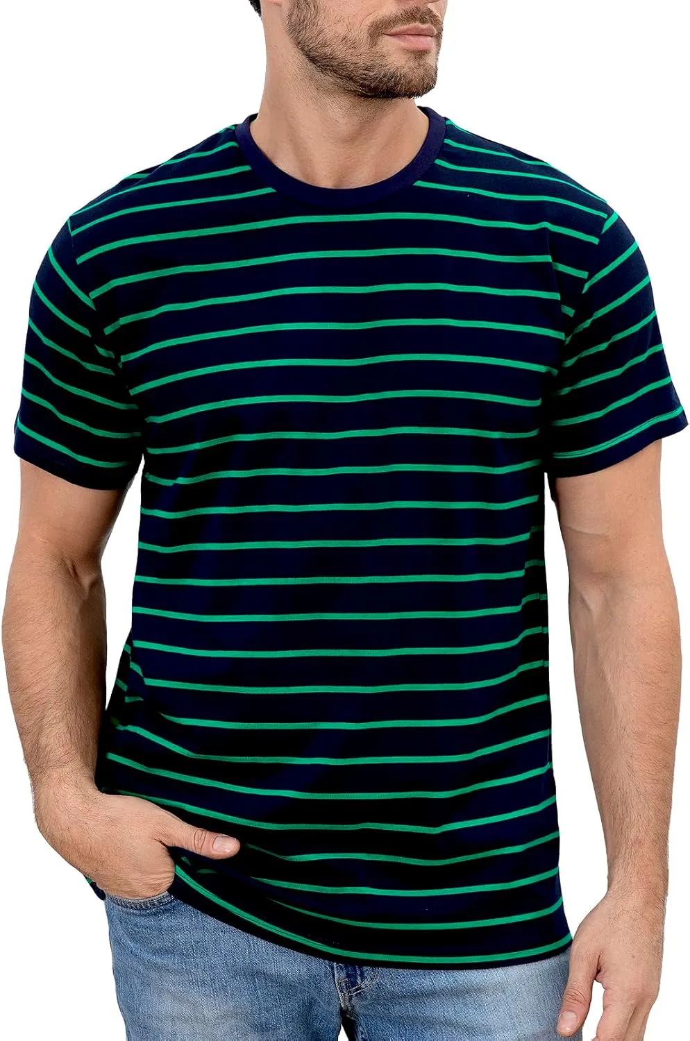 Funny World Men's Casual Cotton Striped T-Shirts Short Sleeve Crewneck Basic Tee