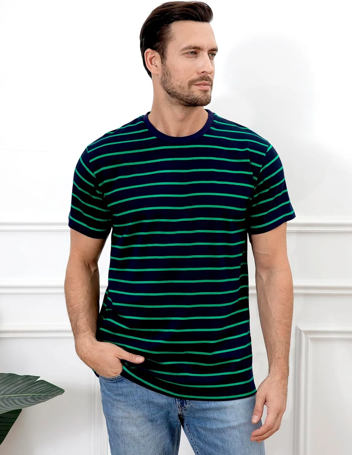 Funny World Men's Casual Cotton Striped T-Shirts Short Sleeve Crewneck Basic Tee