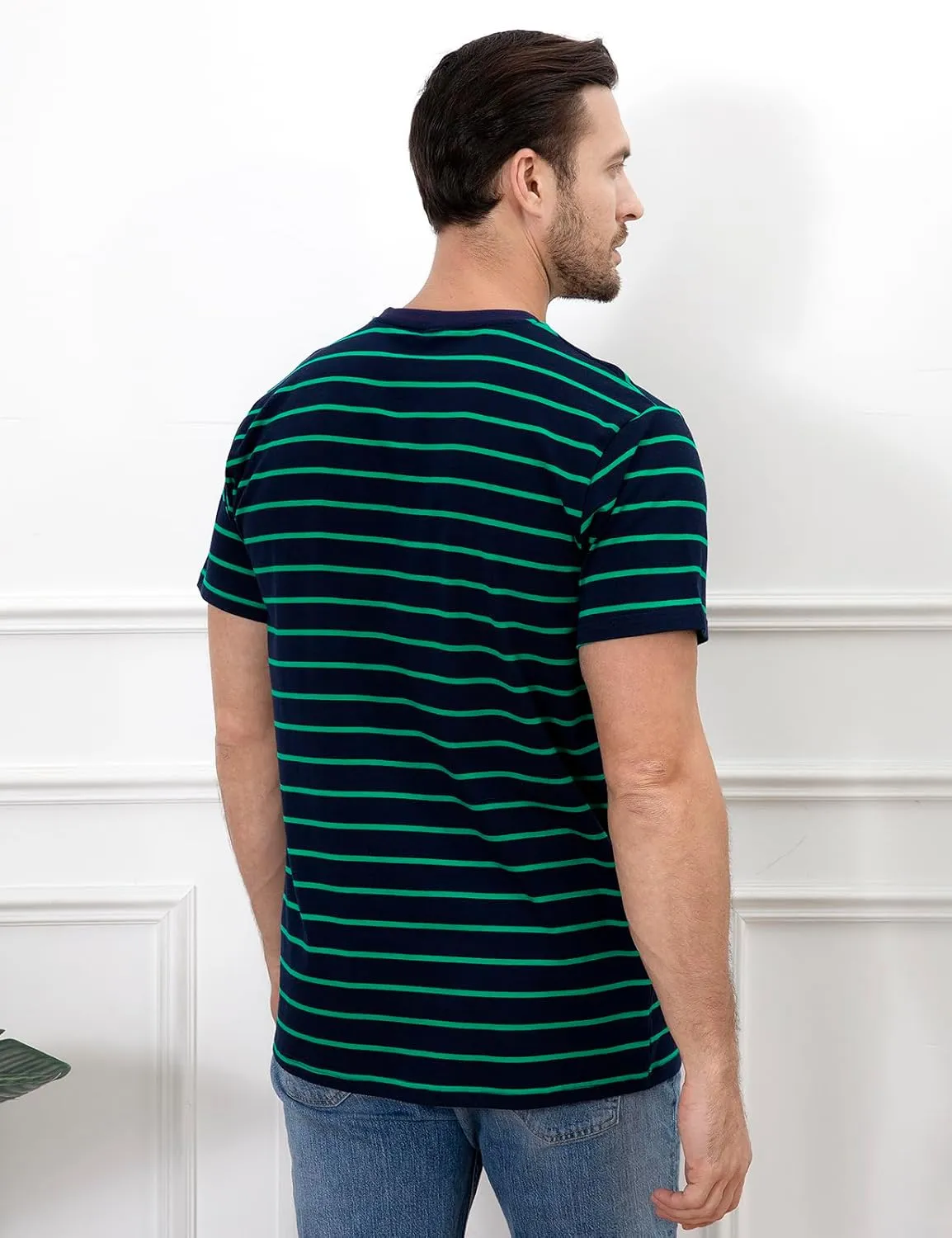 Funny World Men's Casual Cotton Striped T-Shirts Short Sleeve Crewneck Basic Tee