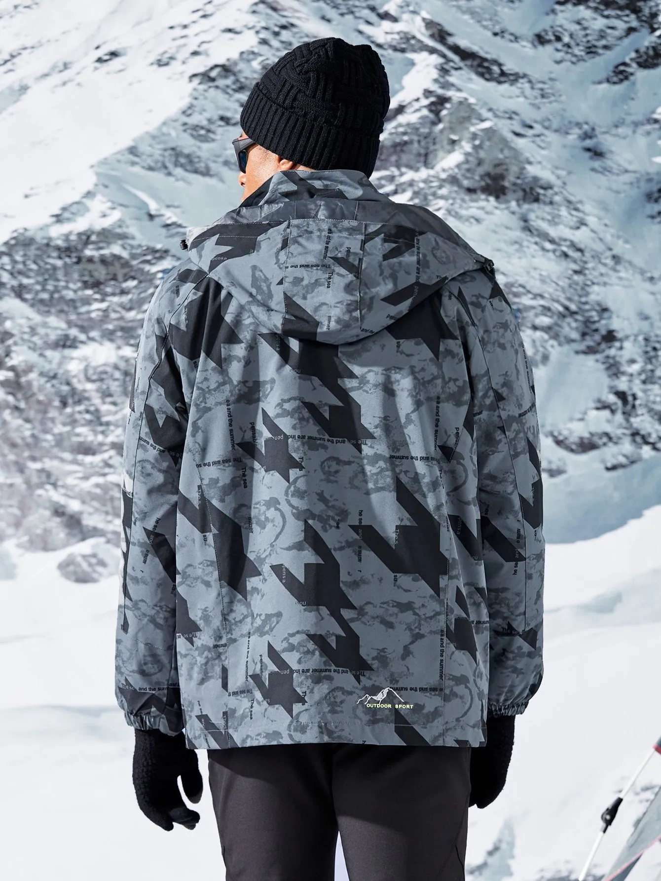 Geo Slogan Print Sports Hooded Jacket
