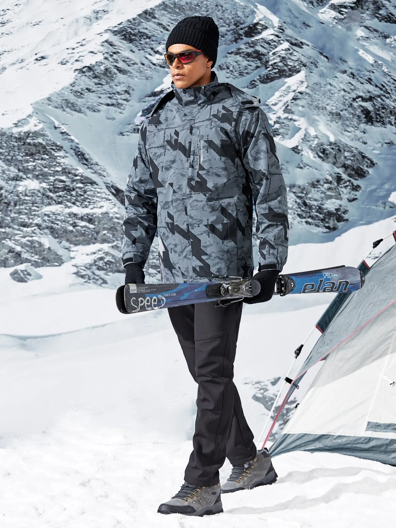 Geo Slogan Print Sports Hooded Jacket