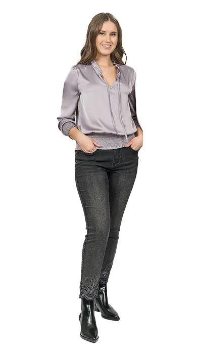 GG Jeans Top - Satin Blouse - Gunmetal