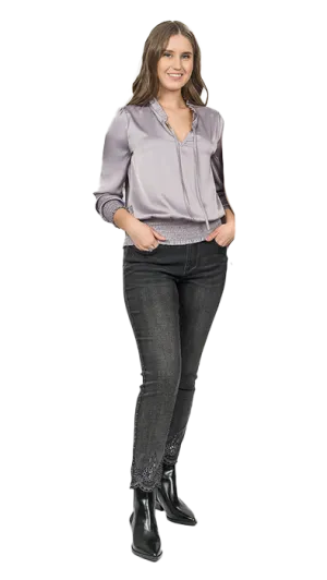 GG Jeans Top - Satin Blouse - Gunmetal
