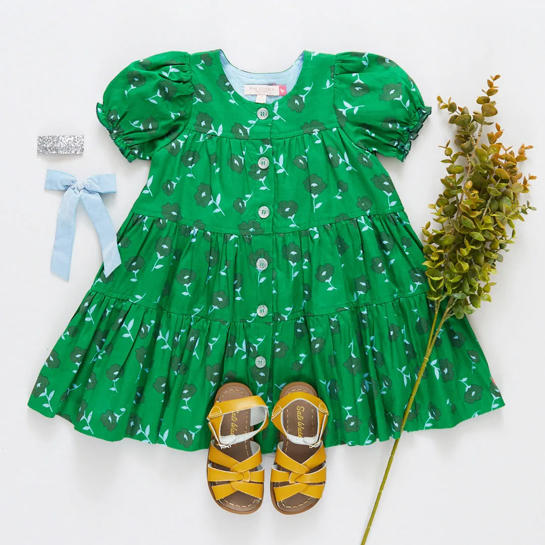 Girls Elizabeth Dress - Green Flower Toss