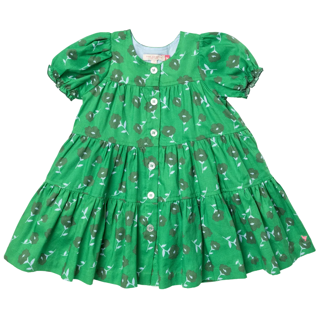 Girls Elizabeth Dress - Green Flower Toss