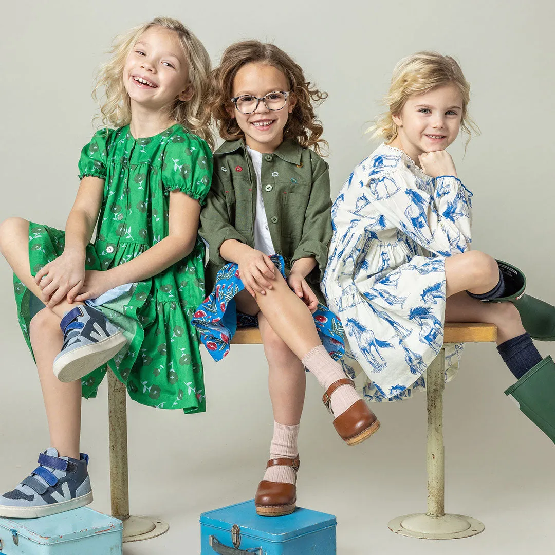 Girls Elizabeth Dress - Green Flower Toss