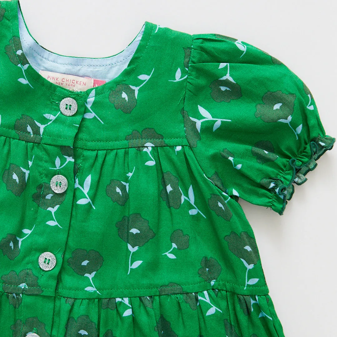 Girls Elizabeth Dress - Green Flower Toss