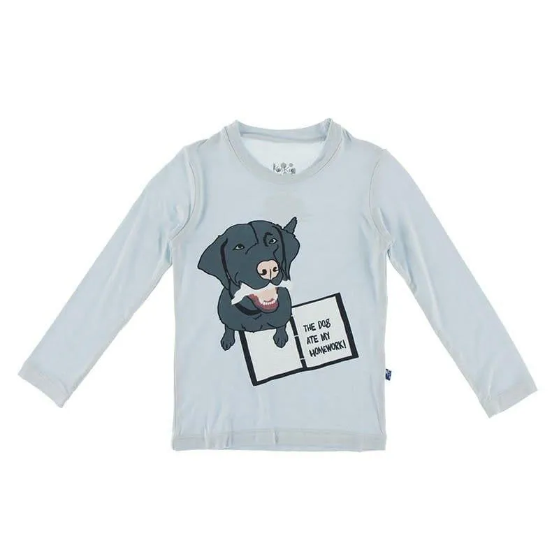 Girl's Print Bamboo Long Sleeve Tailored Fit Graphic Tee Shirt - Illusion Blue Dog Ate Homework