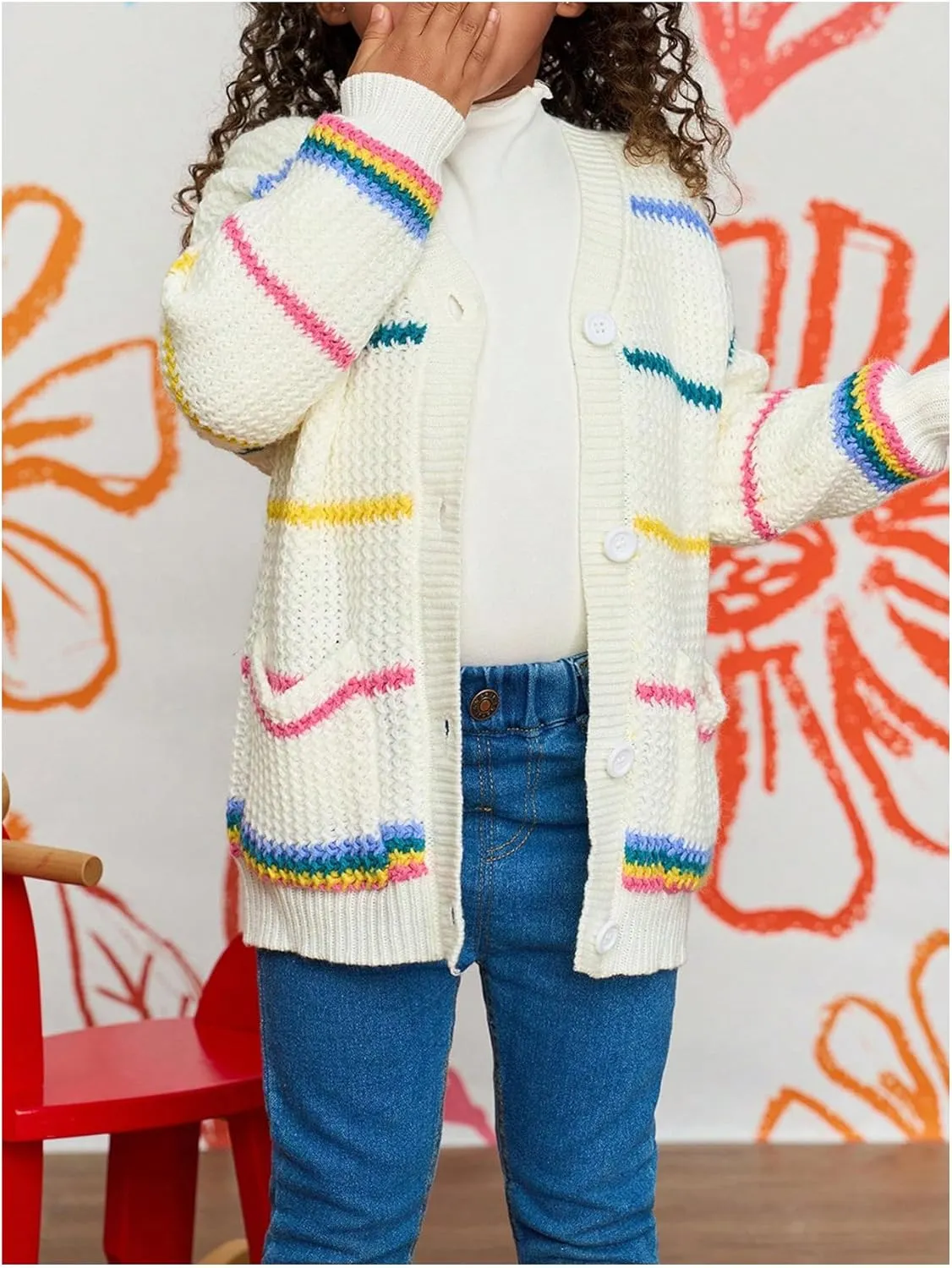 Girl's Striped Color Block Button Down Cardigan V Neck Long Sleeve Cute Knitted Sweater Outerwear