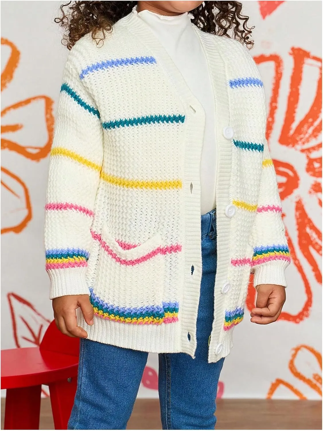 Girl's Striped Color Block Button Down Cardigan V Neck Long Sleeve Cute Knitted Sweater Outerwear