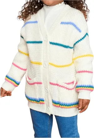 Girl's Striped Color Block Button Down Cardigan V Neck Long Sleeve Cute Knitted Sweater Outerwear
