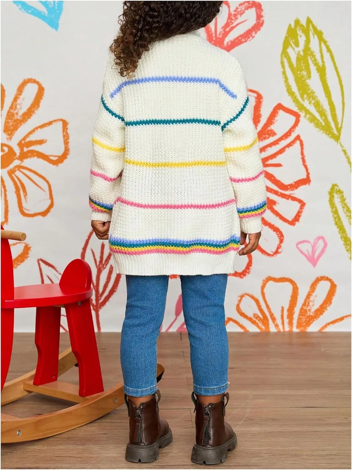 Girl's Striped Color Block Button Down Cardigan V Neck Long Sleeve Cute Knitted Sweater Outerwear