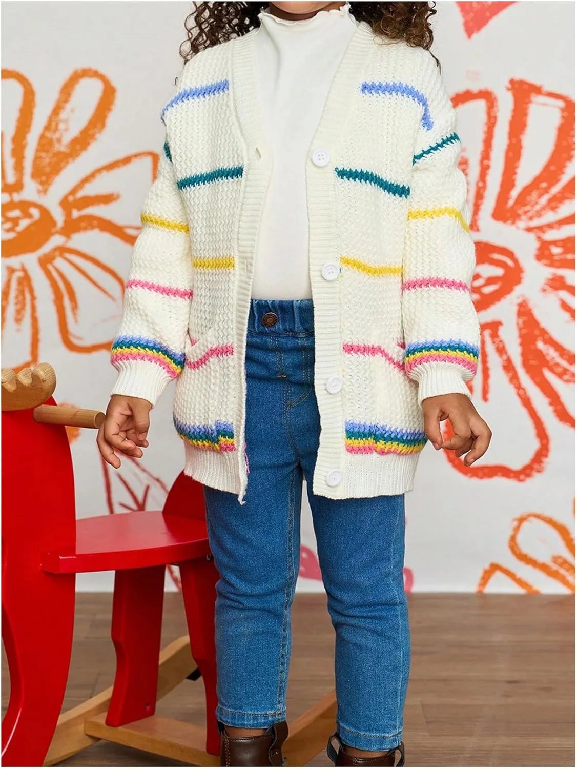 Girl's Striped Color Block Button Down Cardigan V Neck Long Sleeve Cute Knitted Sweater Outerwear