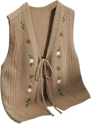 GORGLITTER Women's Floral Tie Front Cardigan Vest Top Sleeveless Bow Western Country Concert Outfits Casual Trendy