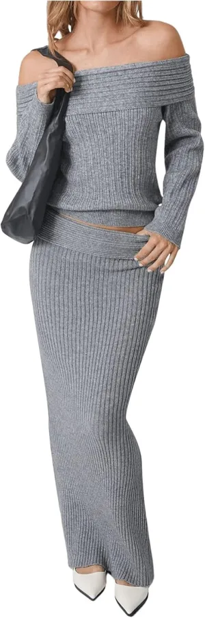 GORGLITTER Women's Two Piece Skirt Set Off Shoulder Sweater Drop Waist Long Skirt Rib Knit Outfits