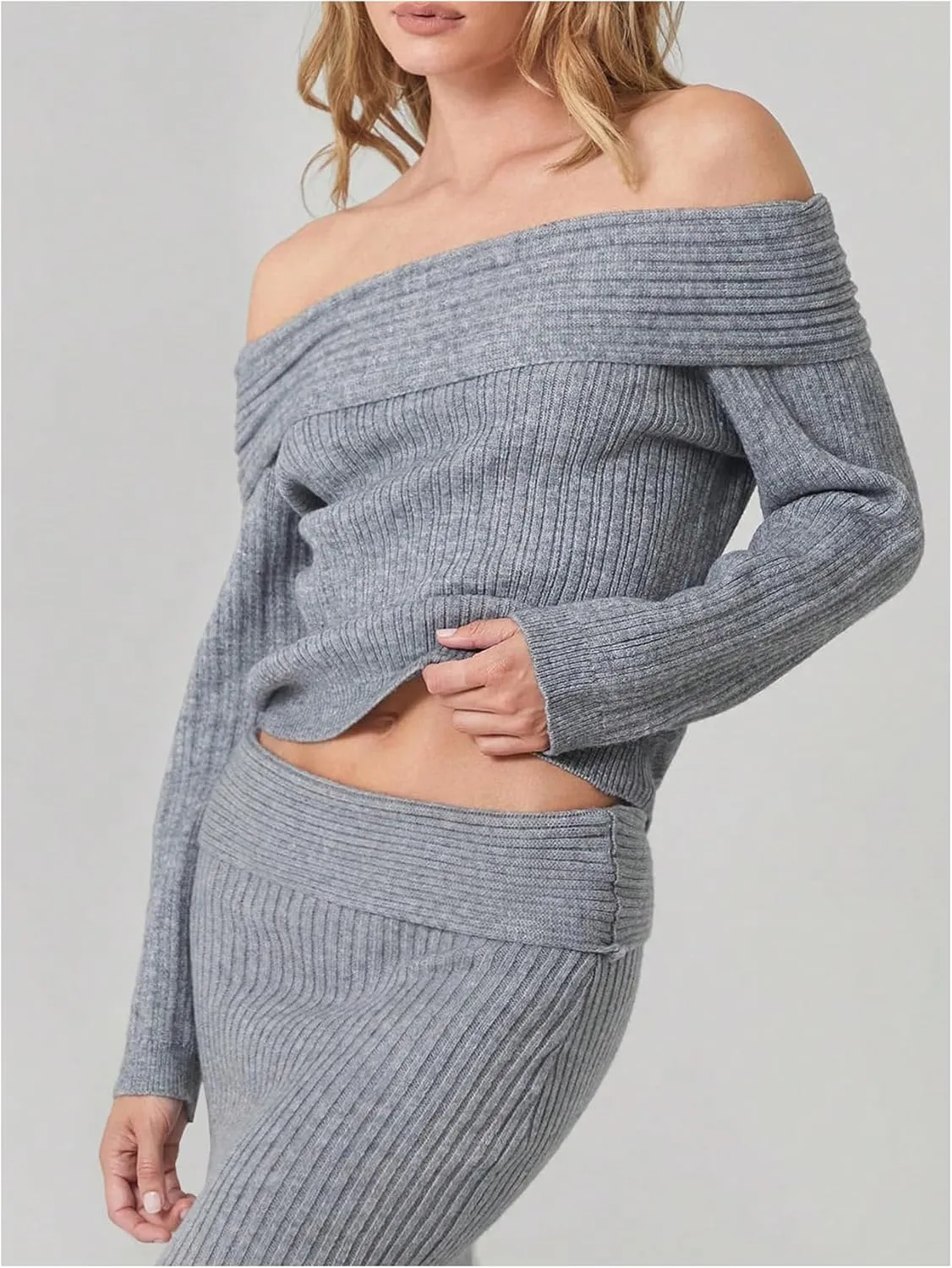 GORGLITTER Women's Two Piece Skirt Set Off Shoulder Sweater Drop Waist Long Skirt Rib Knit Outfits