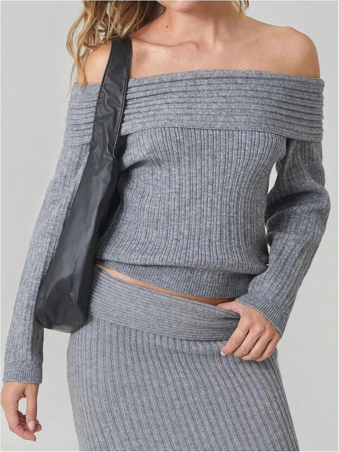 GORGLITTER Women's Two Piece Skirt Set Off Shoulder Sweater Drop Waist Long Skirt Rib Knit Outfits