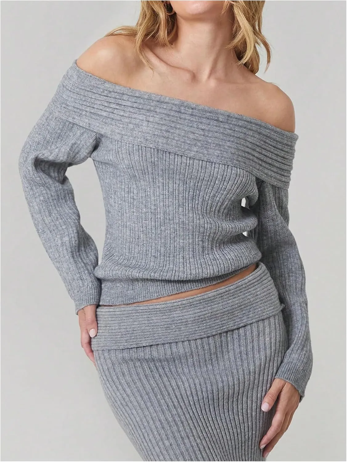 GORGLITTER Women's Two Piece Skirt Set Off Shoulder Sweater Drop Waist Long Skirt Rib Knit Outfits